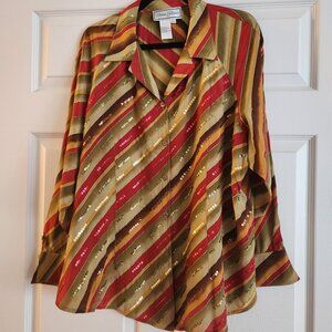 DIANE GILMAN %100 Silk Blouse, size-1X, striped, autumn's colors, long sleeves.